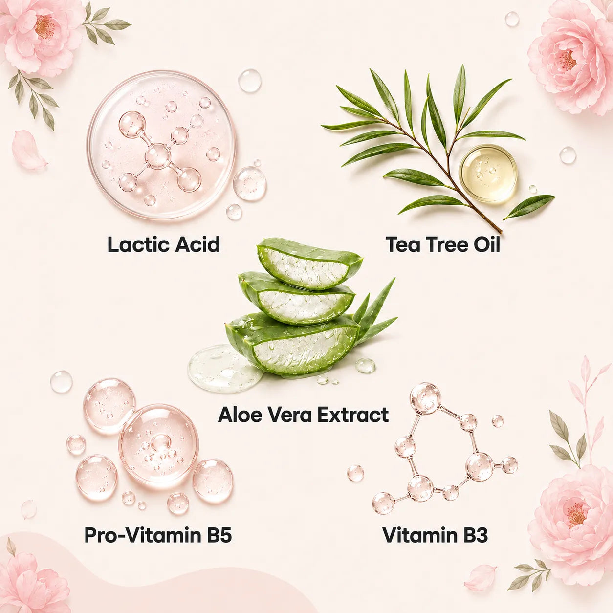 Intimate wash ingredients with lactic acid, tea tree oil, aloe vera extract, pro-vitamin B5, and vitamin B3 on a floral background.