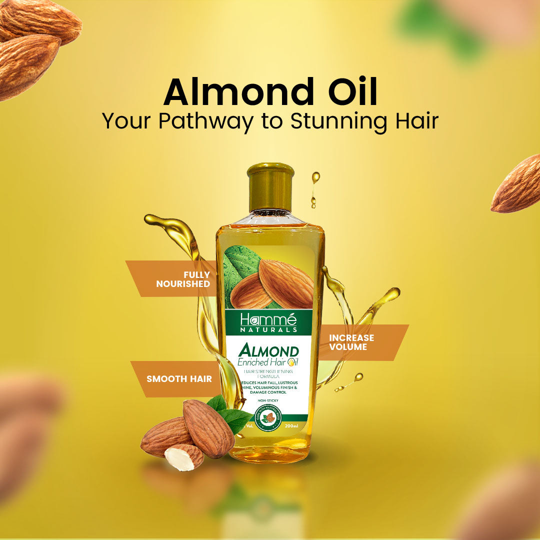 Almond Enriched Hair Oil - Hammé - Makes You Stand out - Almond oil displayed with scattered almonds, emphasizing its nourishing properties for healthy hair