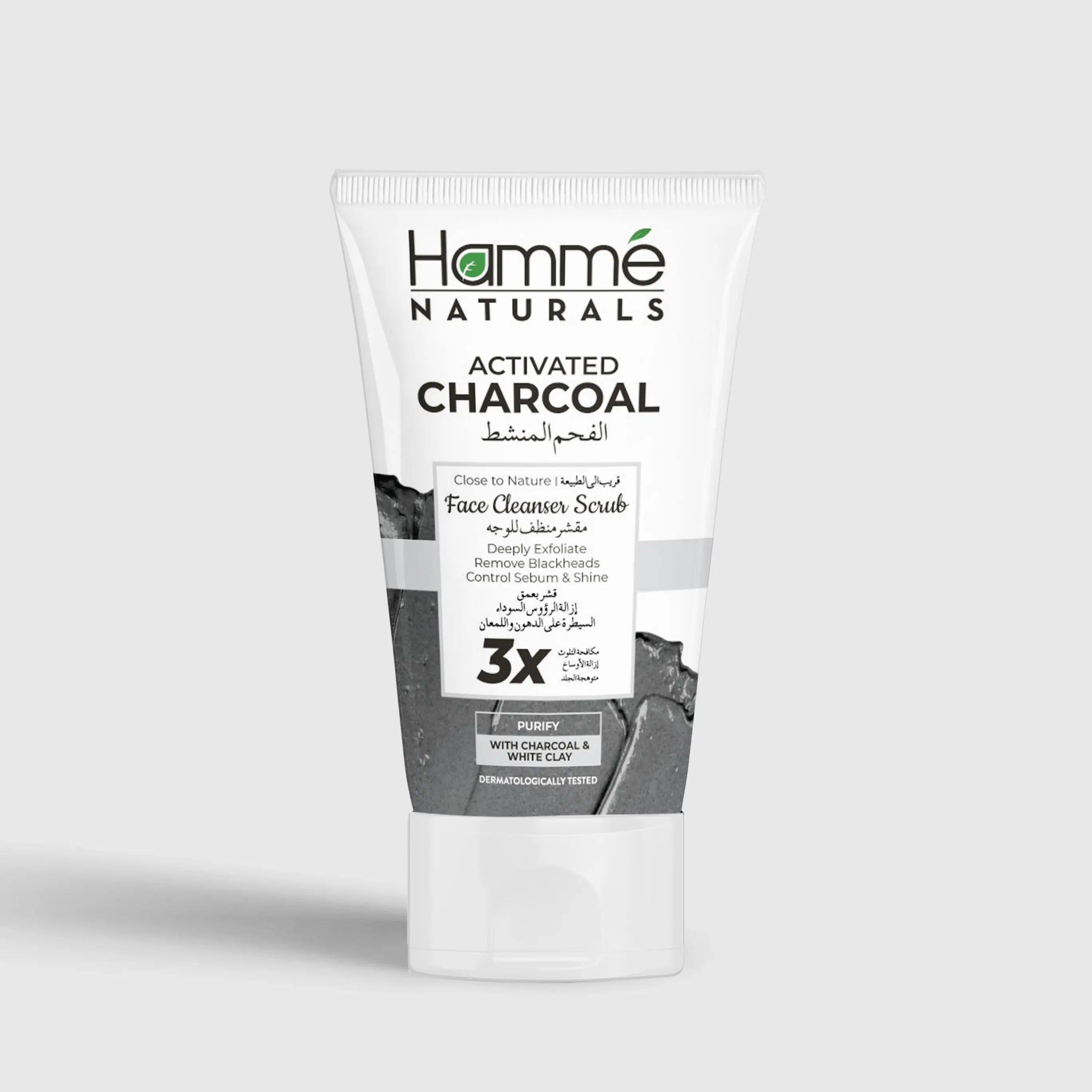 Activated Charcoal Face Cleanser Scrub - Hammé - Makes You Stand out - Charcoal face wash tube displayed with water and bubbles, emphasizing its purifying and hydrating qualities for the skin