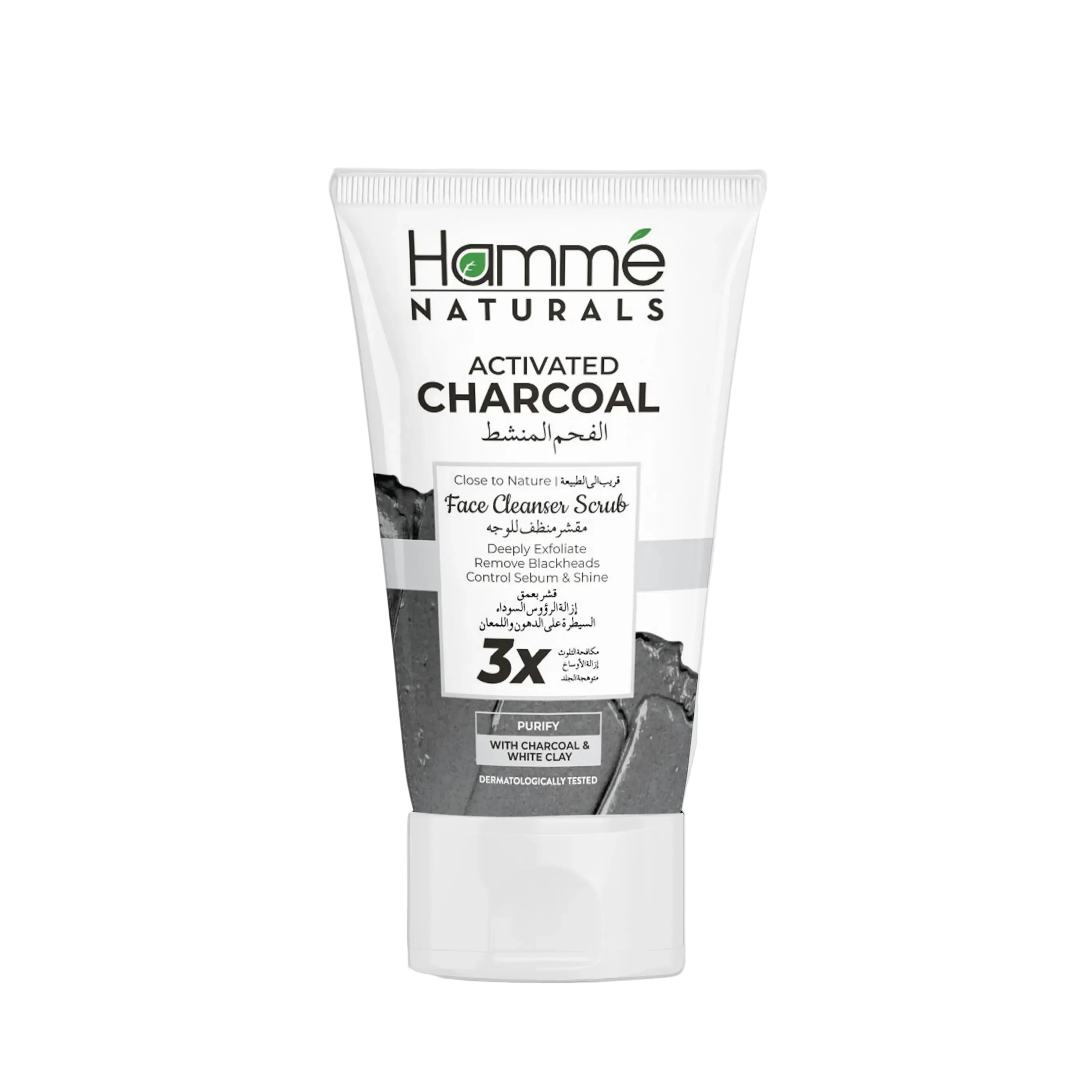 Activated Charcoal Face Cleanser Scrub - Hammé - Makes You Stand out - Charcoal face wash tube displayed with water and bubbles, emphasizing its purifying and hydrating qualities for the skin