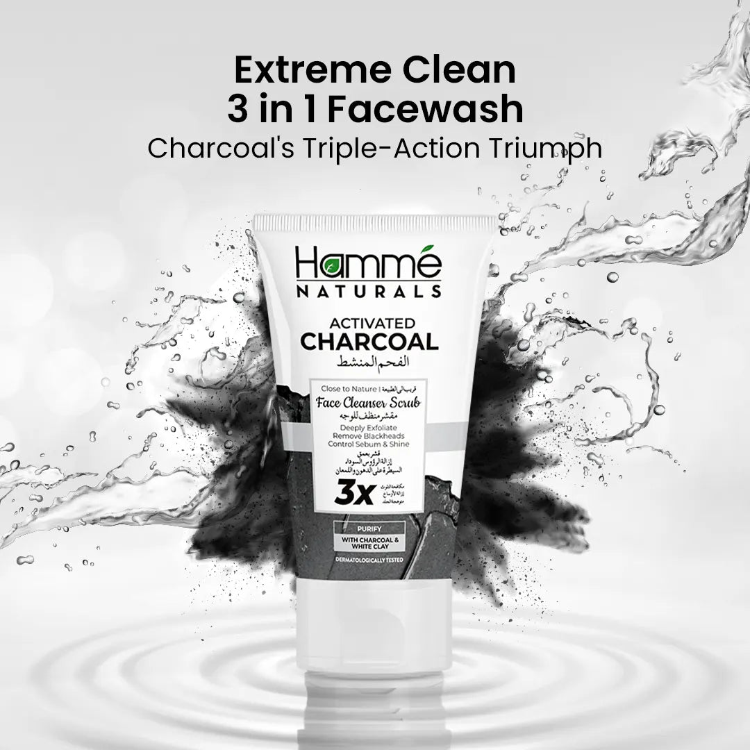 Activated Charcoal Face Cleanser Scrub - Hammé - Makes You Stand out - Charcoal face wash tube displayed with water and bubbles, emphasizing its purifying and hydrating qualities for the skin