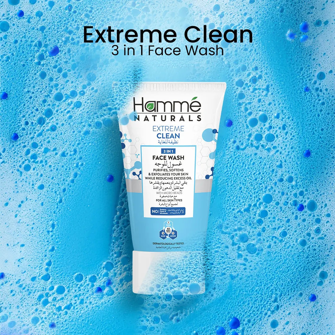 Extreme Clean 3 in 1 Face Wash - Hammé - Makes You Stand out - A tube of extreme clean face wash on a blue background, showcasing its sleek design and promise of deep cleansing