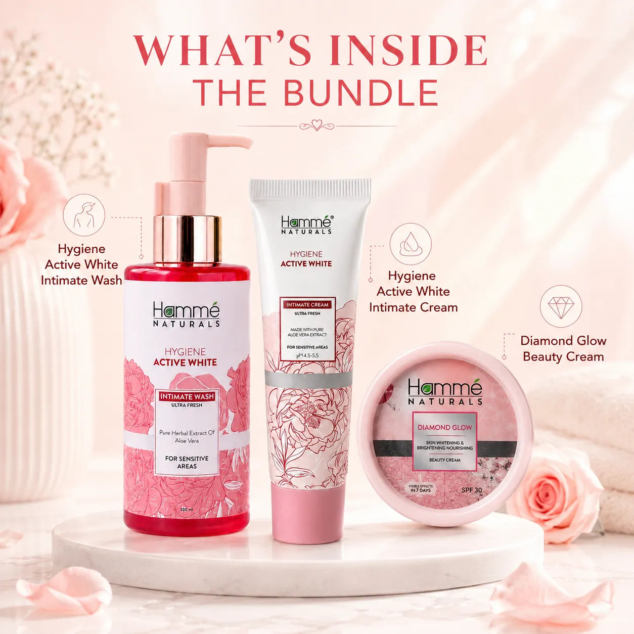 Hamme Naturals hygiene products including Intimate Wash, Cream, and Beauty Cream on a pink background.