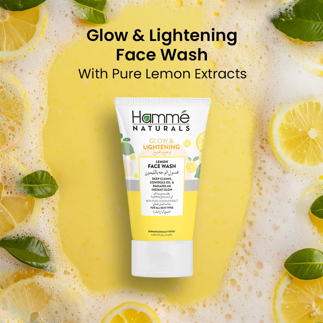 Glow and Lightning Lemon Face Wash - Hammé - Makes You Stand out - A lemon face wash product radiating a bright glow, highlighted by gentle lighting to emphasize its fresh and invigorating qualities