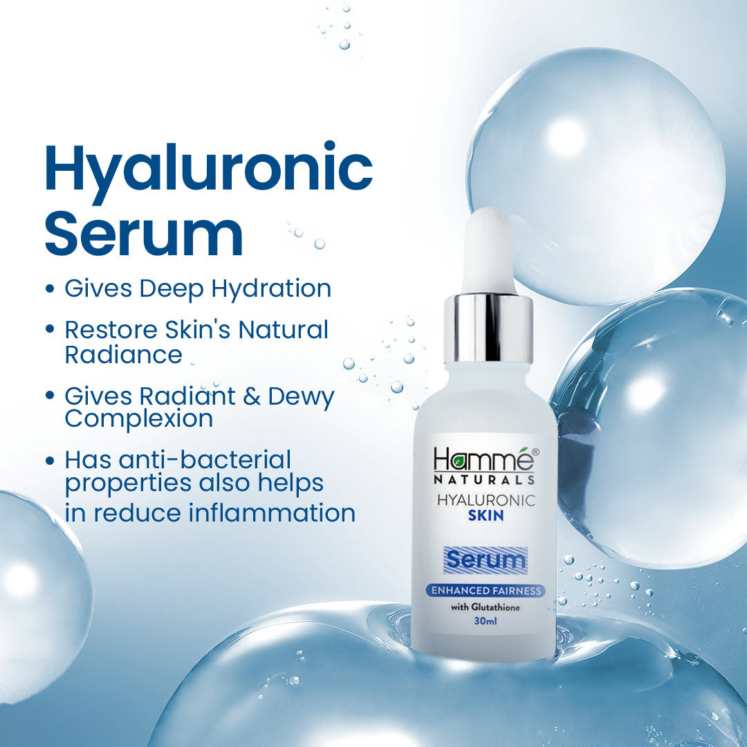 Hyaluronic Skin Serum - Hammé - Makes You Stand out - Hyaluronic serum displayed with bubbles on a calming blue background, highlighting its moisturizing and rejuvenating qualities.
