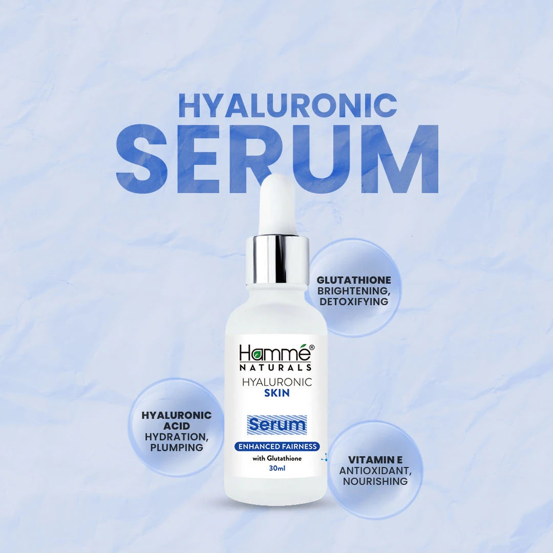 Hyaluronic Skin Serum - Hammé - Makes You Stand out - Hyaluronic serum displayed with bubbles on a calming blue background, highlighting its moisturizing and rejuvenating qualities.