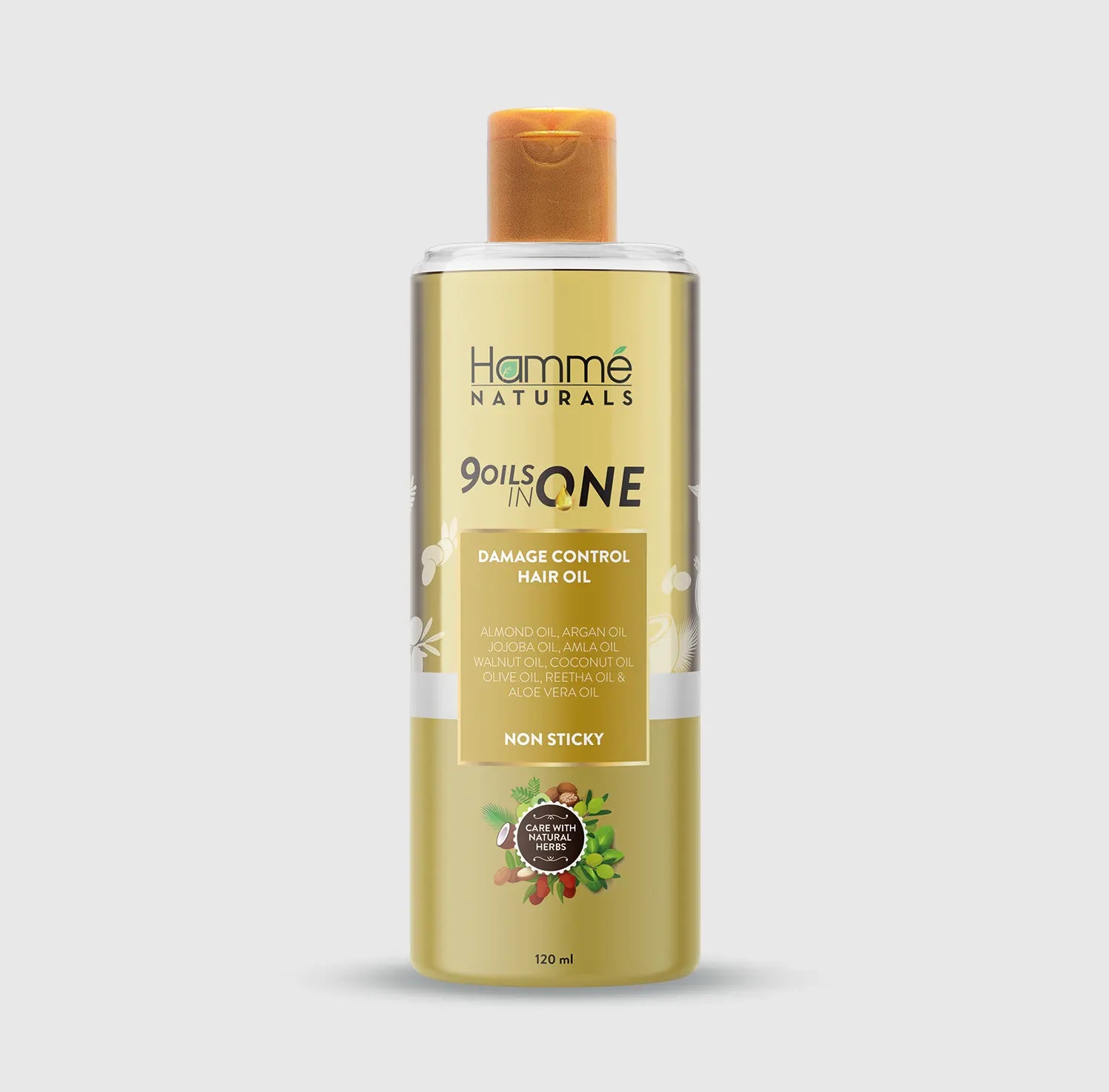 9 Oils in 1 Hair Oil - Hammé - Makes You Stand out  - A bottle of miracle hair oil surrounded by lush green leaves, symbolizing nourishment and vitality for healthy hair