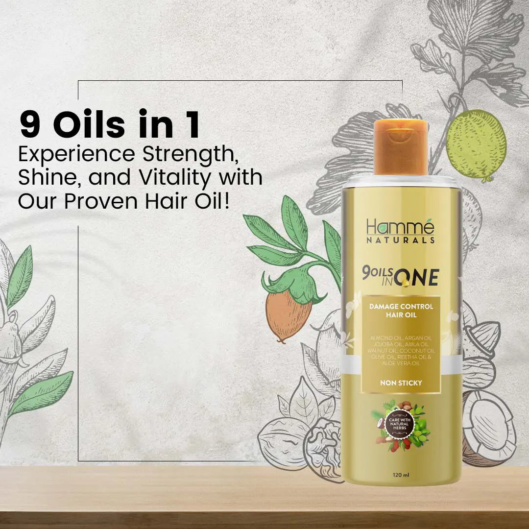 9 Oils in 1 Hair Oil - Hammé - Makes You Stand out  -A bottle of miracle hair oil surrounded by lush green leaves, symbolizing nourishment and vitality for healthy hair
