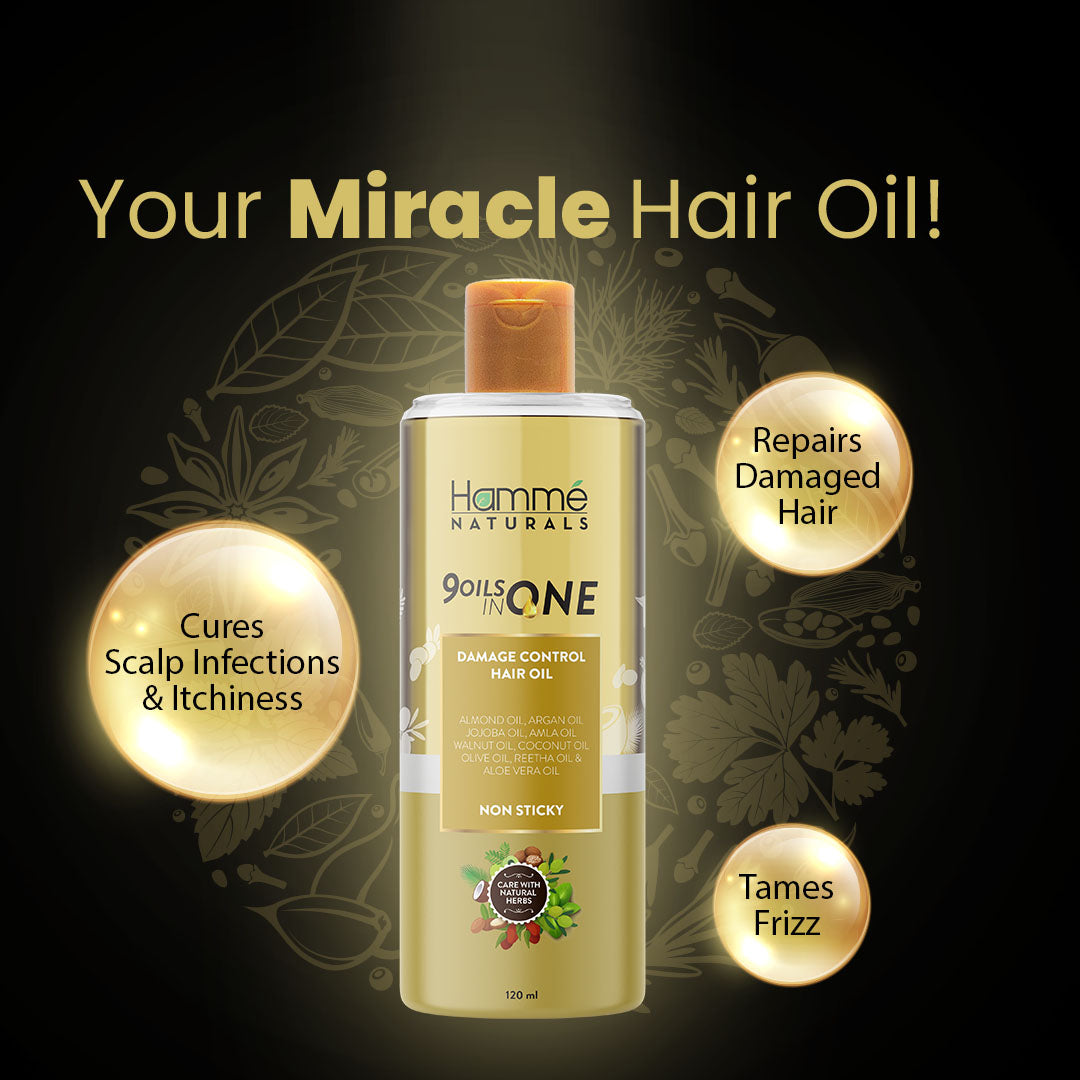 9 Oils in 1 Hair Oil - Hammé - Makes You Stand out  - A bottle of miracle hair oil surrounded by lush green leaves, symbolizing nourishment and vitality for healthy hair