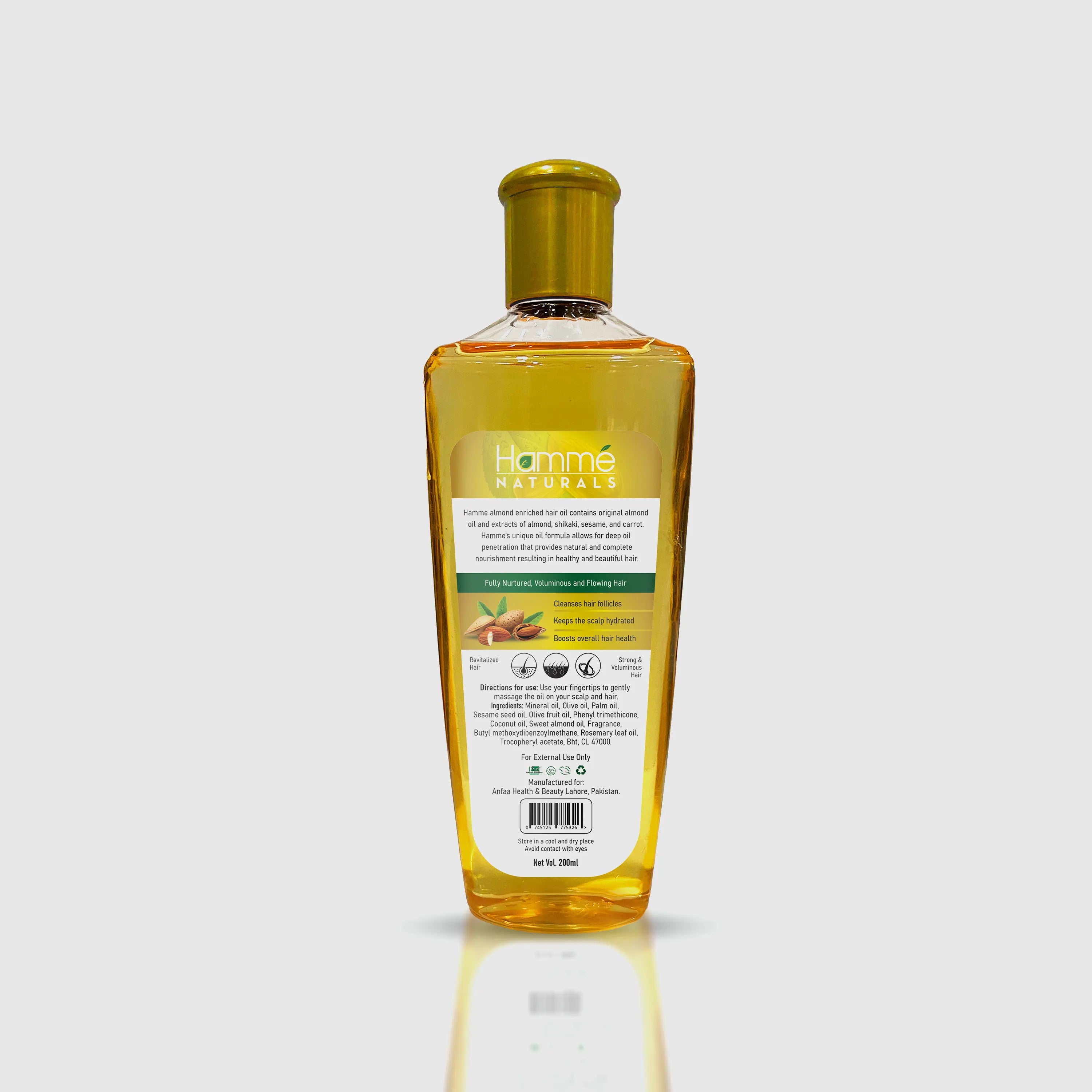 Almond Enriched Hair Oil - Hammé - Makes You Stand out  - Almond oil displayed with scattered almonds, emphasizing its nourishing properties for healthy hair