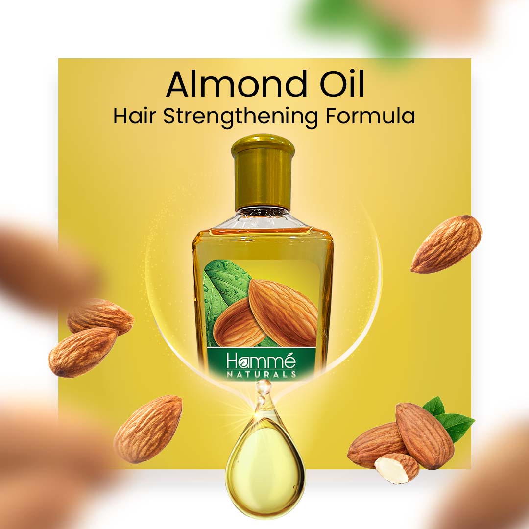Almond Enriched Hair Oil - Hammé - Makes You Stand out  - Almond oil displayed with scattered almonds, emphasizing its nourishing properties for healthy hair