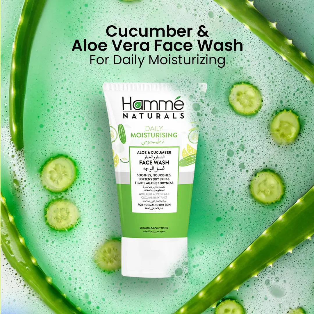 Daily Moisturizing Aloe & Cucumber Face Wash - Hammé - Makes You Stand out  - Charcoal face wash tube displayed with water and bubbles, emphasizing its purifying and hydrating qualities for the skin