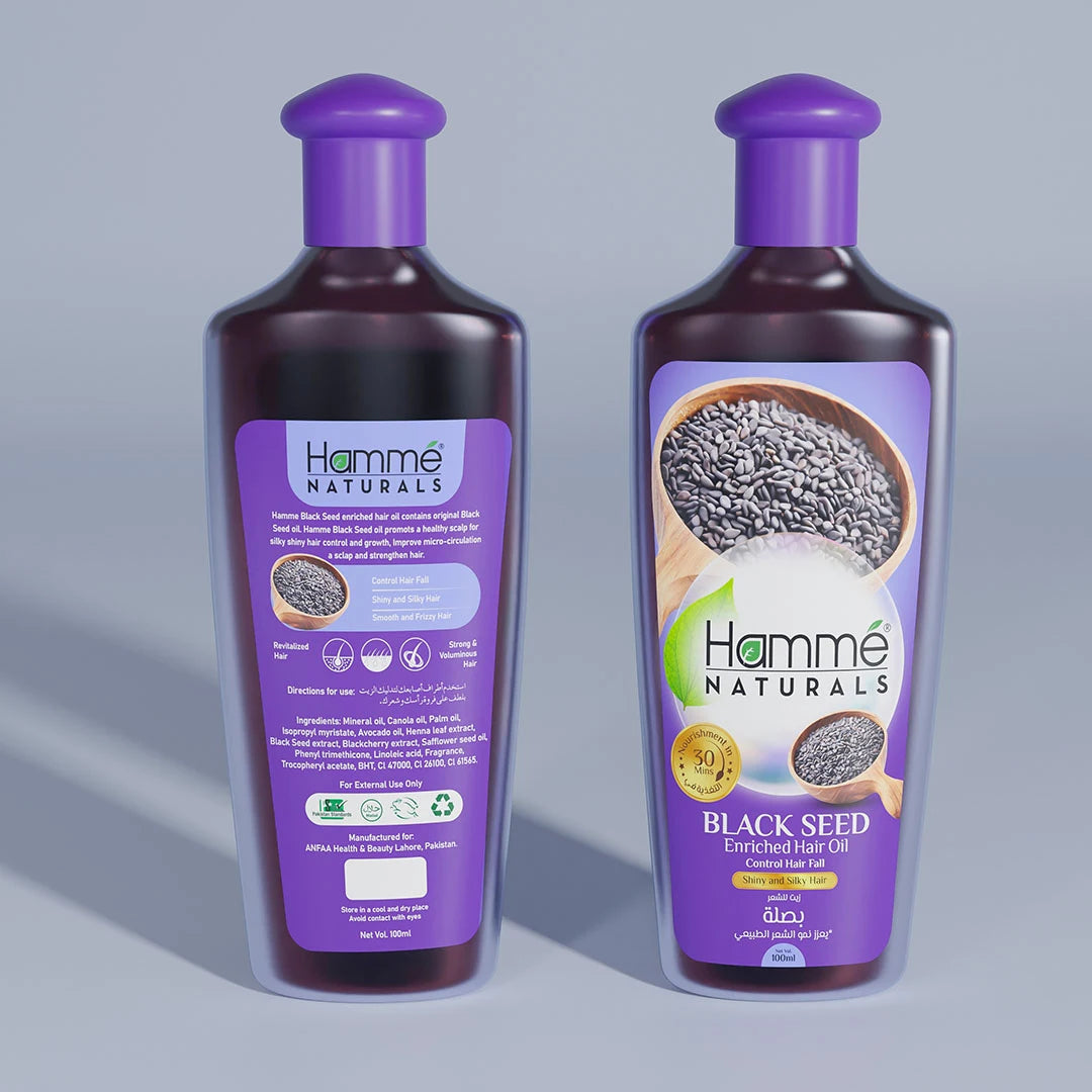 Black Seed Enriched Hair Oil - Hammé - Makes You Stand out  - A bottle of Hamme Naturals black seed enriched hair oil, highlighting its benefits for revitalizing and strengthening hair