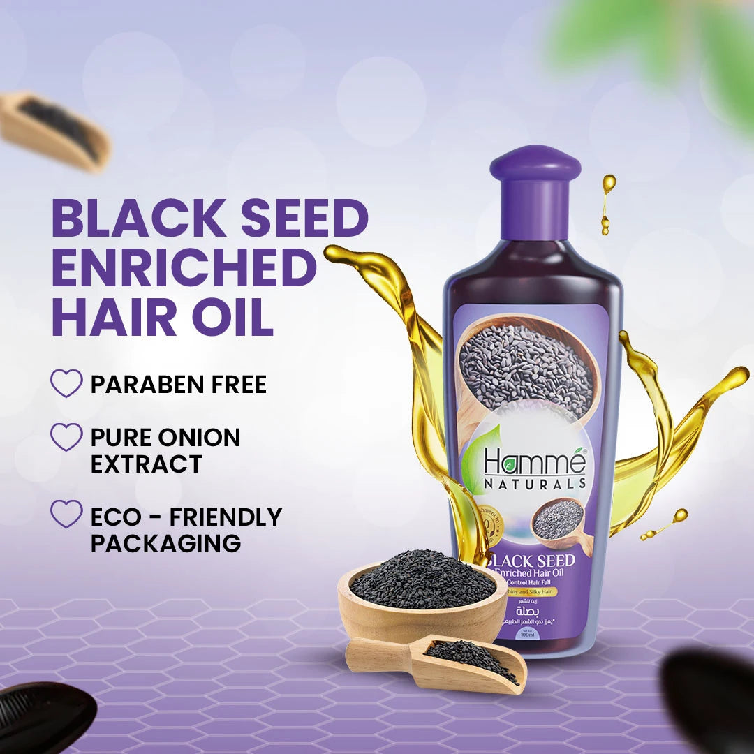 Black Seed Enriched Hair Oil - Hammé - Makes You Stand out  - A bottle of Hamme Naturals black seed enriched hair oil, highlighting its benefits for revitalizing and strengthening hair