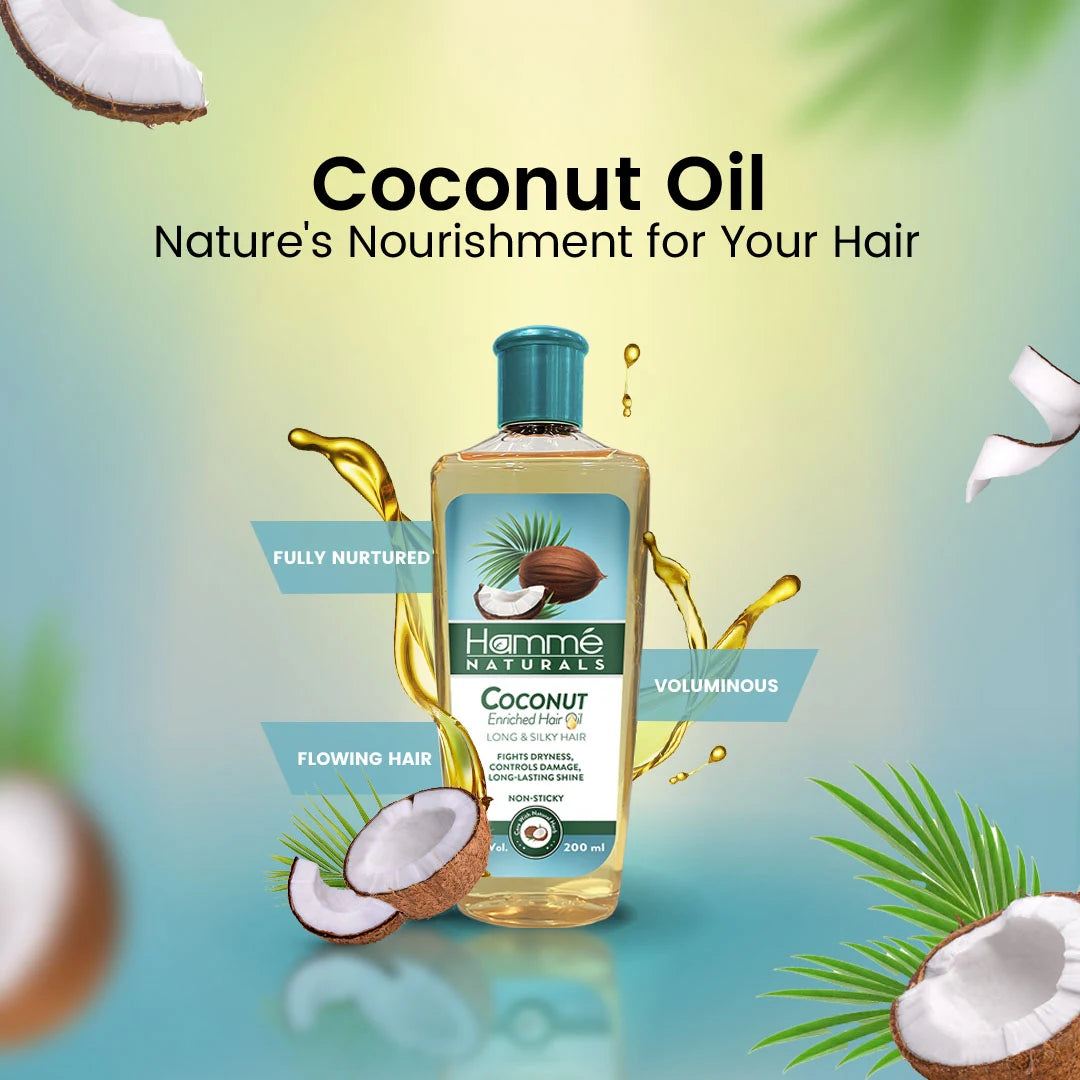 Coconut Enriched Hair Oil - Hammé - Makes You Stand out  - A bottle of coconut oil beside a coconut, highlighting its natural benefits for nourishing hair health