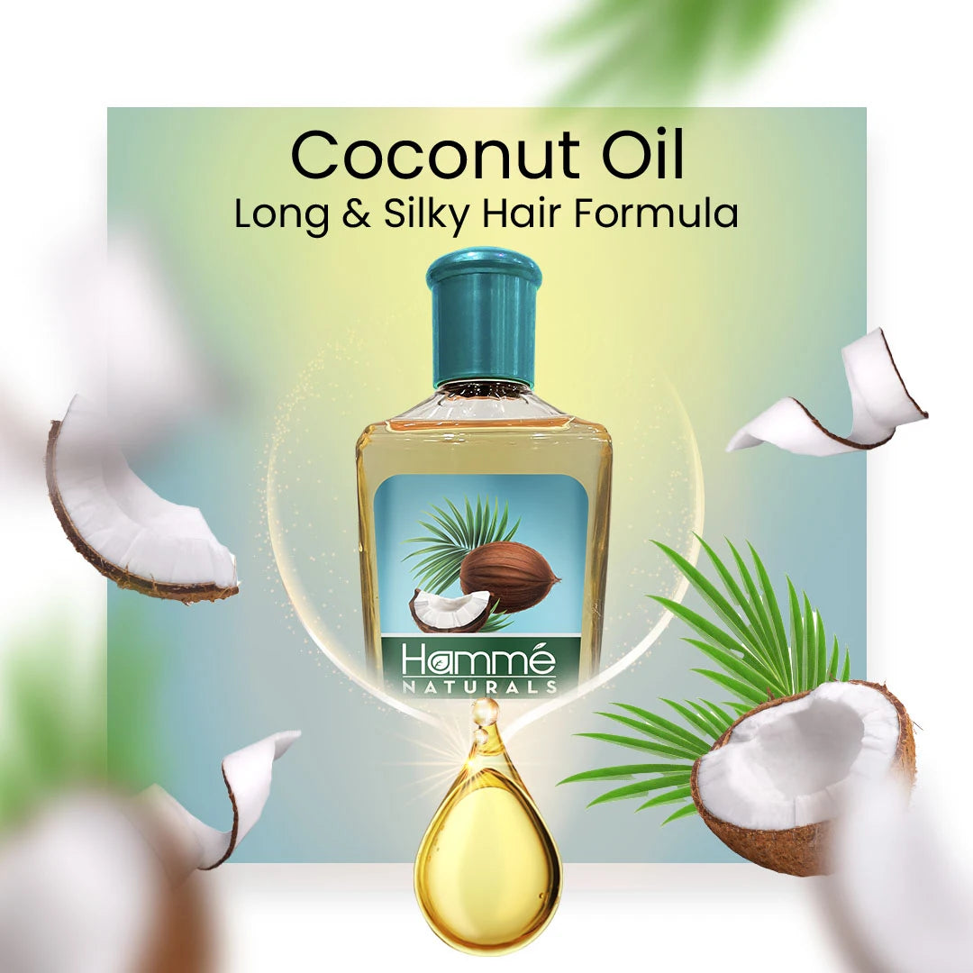 Coconut Enriched Hair Oil - Hammé - Makes You Stand out  - A bottle of coconut oil beside a coconut, highlighting its natural benefits for nourishing hair health