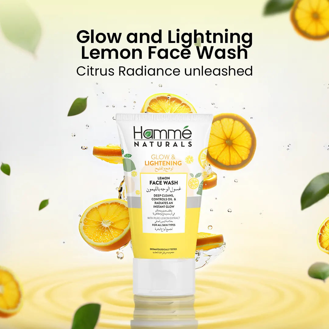 Glow and Lightning Lemon Face Wash - Hammé - Makes You Stand out  - A lemon face wash product radiating a bright glow, highlighted by gentle lighting to emphasize its fresh and invigorating qualities