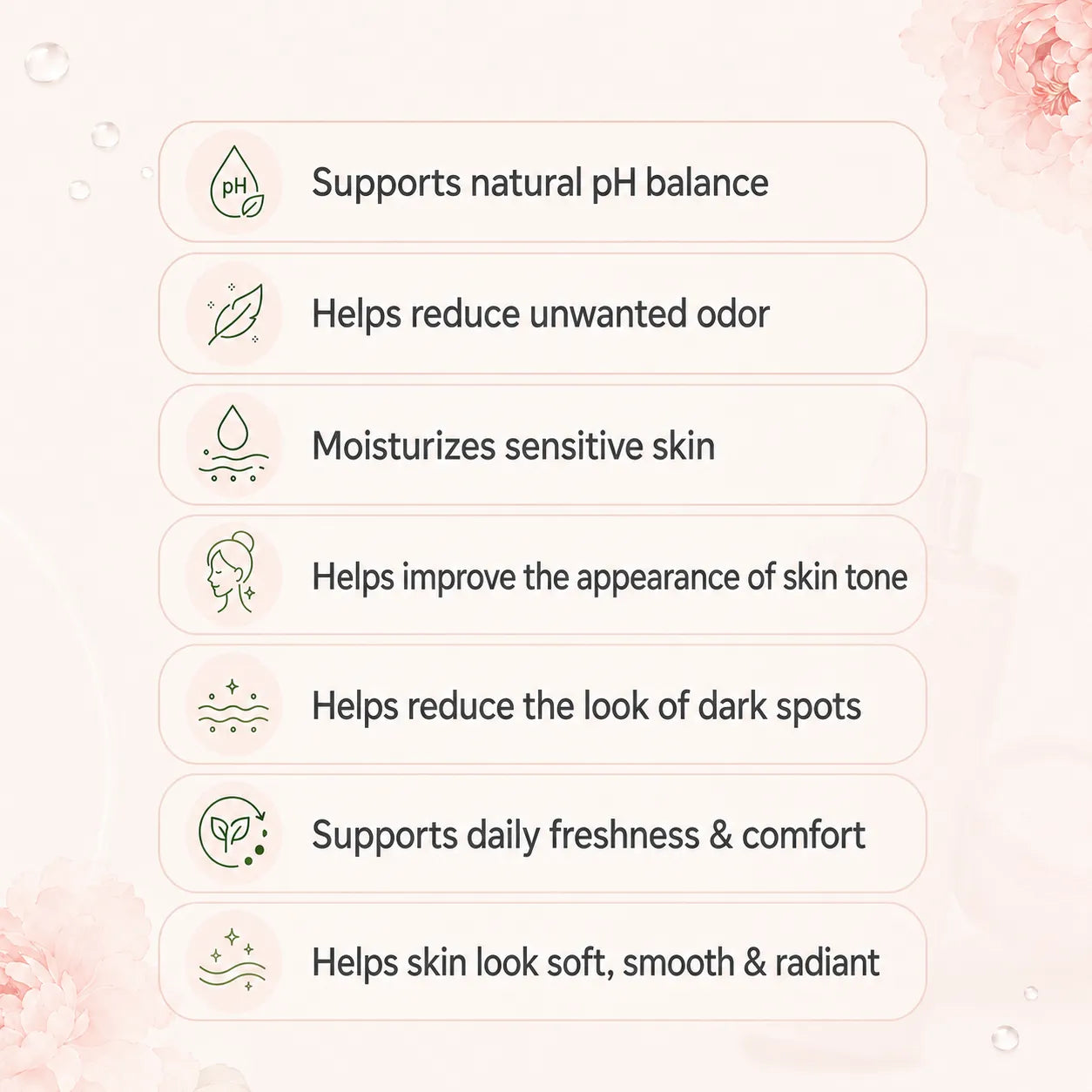 List of self care bundle benefits on a light background with icons