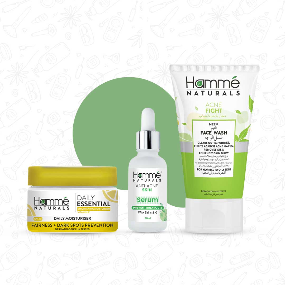 Acne Bundle - Hammé - Makes You Stand out  - Hamme Naturals Acne Bundle, including Anti-Acne Serum, Neem Face Wash, and Vitamin C Moisturizer