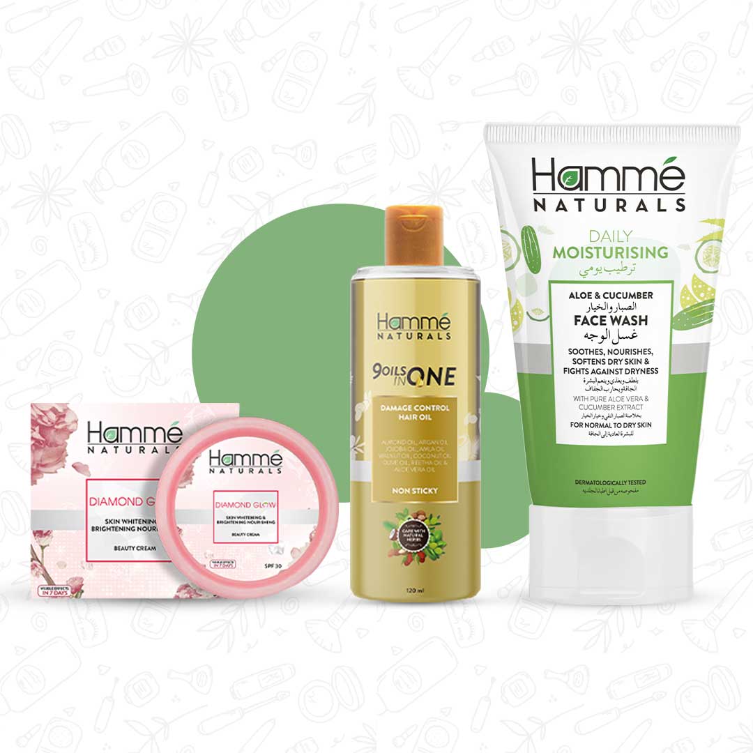 Hair & Skin Harmony Set - Hammé - Makes You Stand out  - Hamme Naturals Hair & Skin Harmony Set featuring face wash, beauty cream, and hair oil