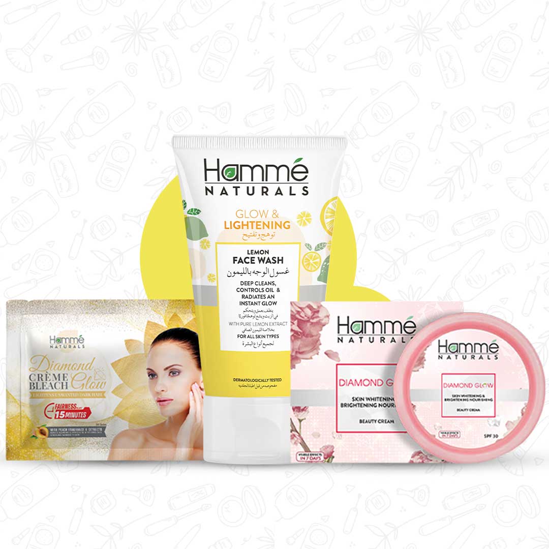 Dreamy Glow Kit - Hammé - Makes You Stand out  - Hamme Naturals Dreamy Glow Kit featuring Face Wash, Bleach Cream, and Beauty Cream arranged on a clean white backdrop
