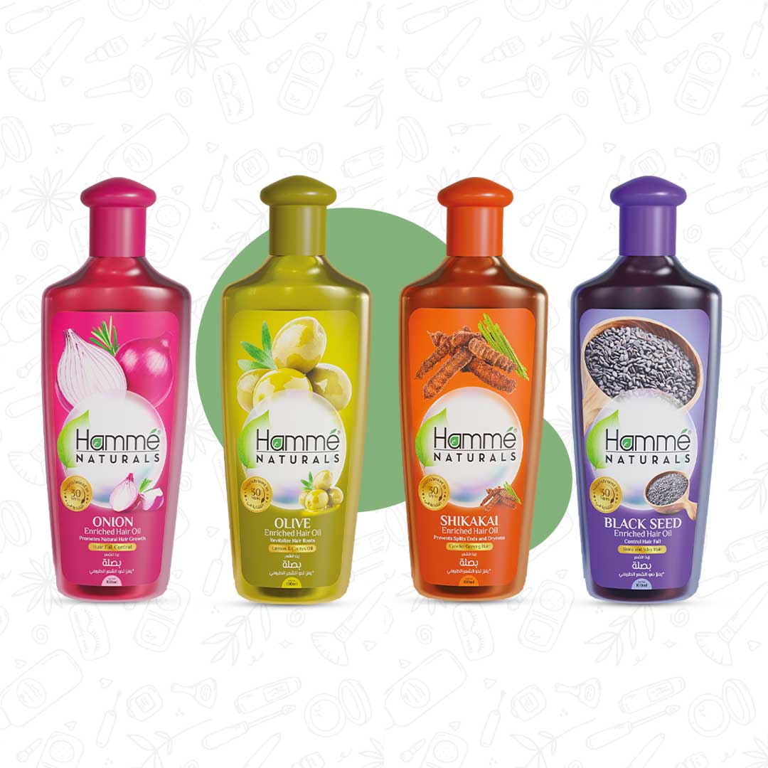 Hair Pack - Hammé - Makes You Stand out  - Four colorful bottles of hair oils from Hamme Naturals Hair Pack, featuring Onion Oil, olive oil, shikakai oil and black seed oil