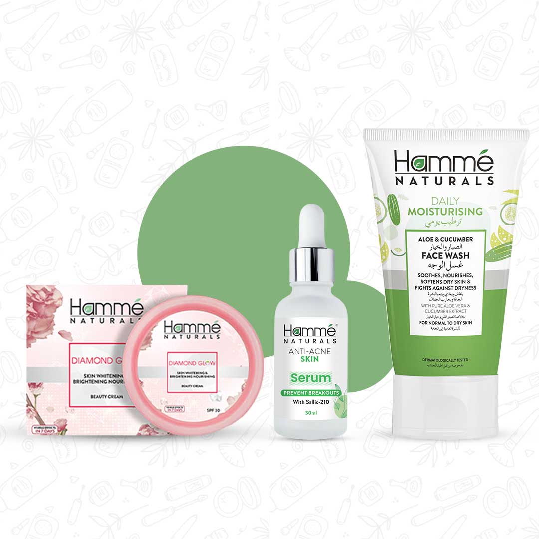 Daily Radiance Bundle - Hammé - Makes You Stand out  - Daily Radiance Bundle by Hamme Naturals, including Face Wash, Serum, and Beauty Cream, presented against a white backdrop