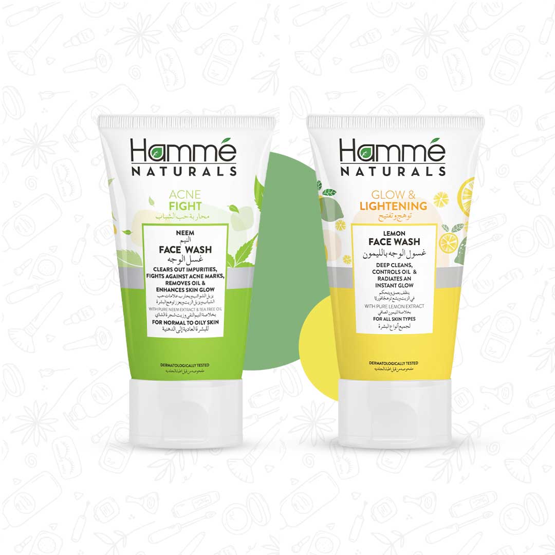 Acne Fight & Glow kit - Hammé - Makes You Stand out  -Two tubes of Face Wash labeled "Acne Fight Neem Face Wash" and "Glow and Lightening Lemon Facewash" from  Acne Fight & Glow kit, showcasing skincare products