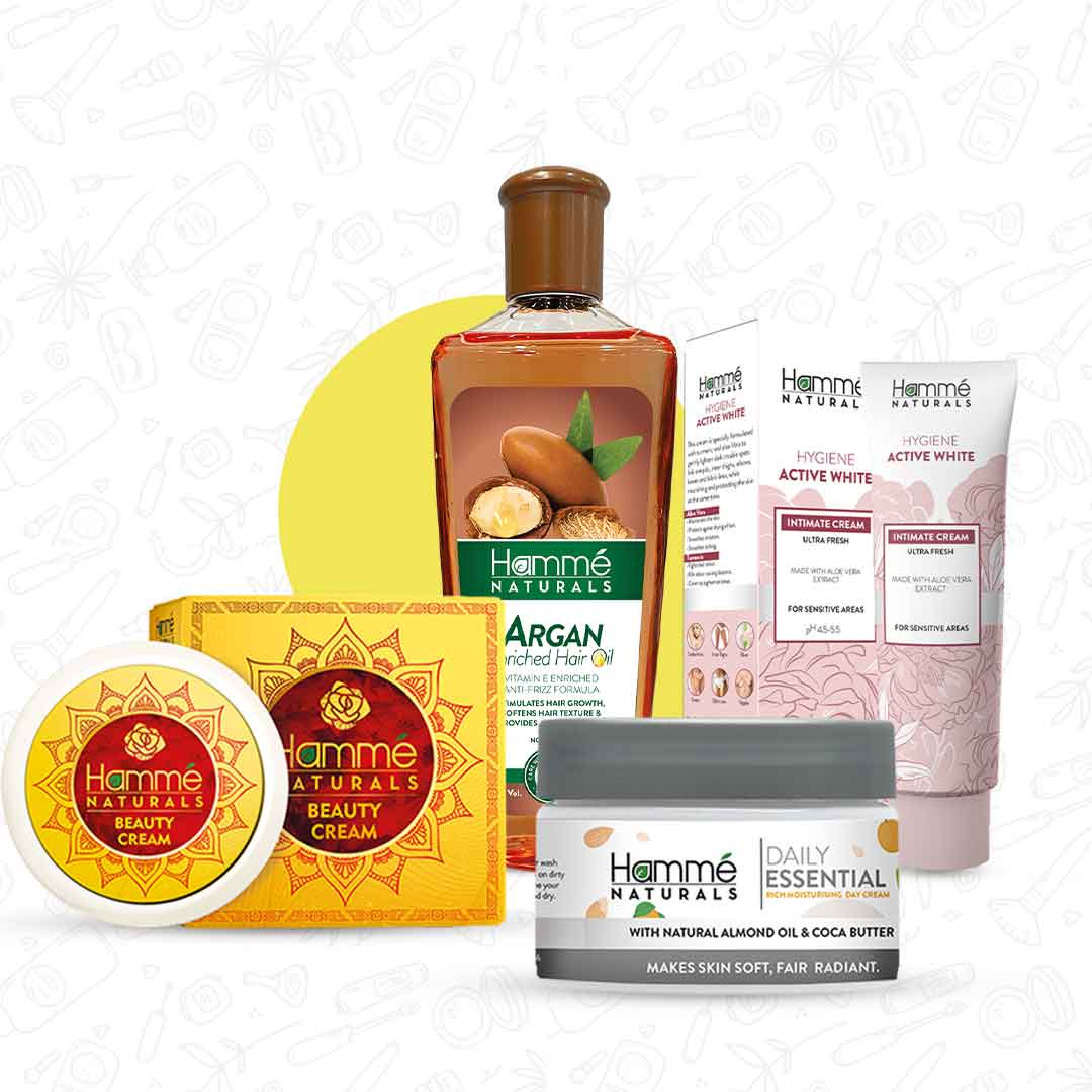 All in one kit - Hammé - Makes You Stand out  - A collection of personal care products, featuring Beauty Cream, Hair Oil, Hygiene Cream and Moisturizer in elegant packaging